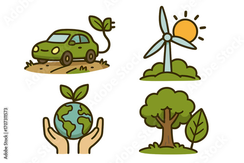 Eco-friendly icon set. Sustainable travel with electric car. Renewable energy from wind turbine. Nature conservation, hands holding earth. Green ecology cartoon vector.