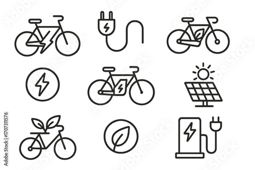 Electric bicycle icon set. E-bike, battery, charging station, solar panel line icons. Green energy, eco friendly transport. Sustainable mobility vector symbol pictogram.