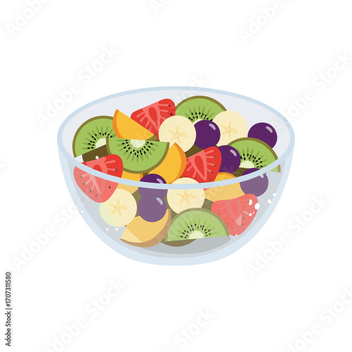 Colorful fruit salad with kiwi, banana, grapes, and strawberries in glass bowl – flat illustration