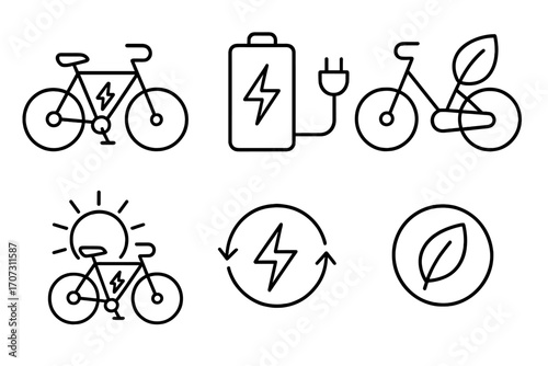 Electric bicycle icon set. E-bike and green energy symbols. Line art vector illustration of sustainable transport, charging station, battery, solar power and eco friendly leaf.