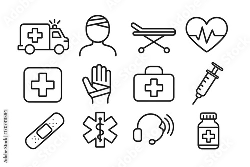 Emergency medical line icon set. First aid, paramedic and healthcare concepts. Vector illustration. Ambulance, injury, bandage, stretcher, syringe, heartbeat, hospital symbols.