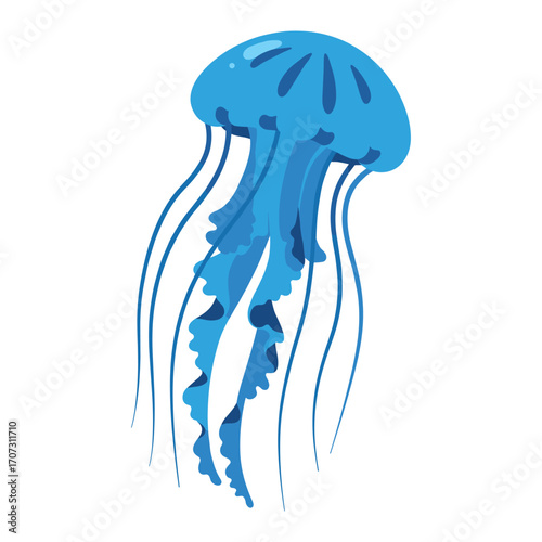 Blue jellyfish illustration with flowing tentacles and transparent body – flat illustration