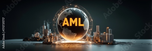 AML Anti-Money Laundering concept. Stylized globe with AML text and city skyline backdrop.