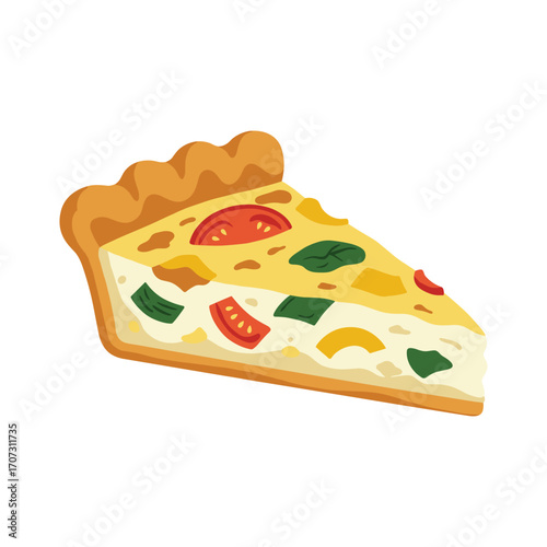 Colorful vegetarian quiche slice with tomatoes and spinach on a – flat illustration
