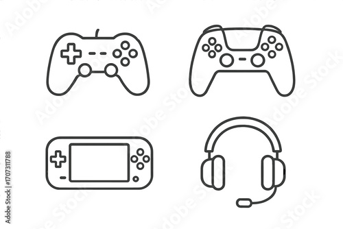 Gaming icons set with controllers, joystick, headset, and handheld console. Vector collection in flat linear outline style. Gamer equipment for video games, esports concept.