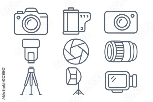 Photography equipment line icon set. Photo camera, lens, flash, tripod, film, aperture, softbox and video camera. Professional photographer and studio gear outline pictograms.