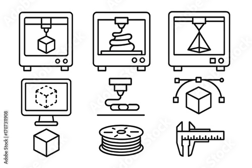 3D printing technology line icon set. Vector icons of additive manufacturing and rapid prototyping process. Includes 3D printer, filament, nozzle, model design and engineering.
