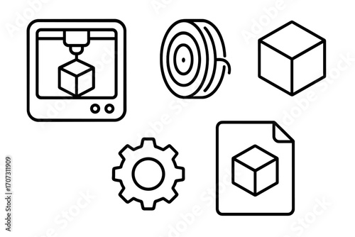 3D printing linear icons set. Additive manufacturing technology. Rapid prototyping concept. Vector symbols for printer, filament spool, cube model, gear, and stl file design.