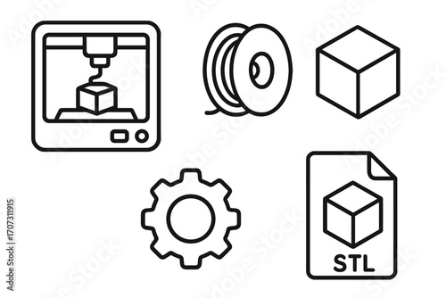 3D printing linear icons set. Additive manufacturing technology symbols. Vector outline collection featuring printer, filament spool, cube model, gear, and STL file format.