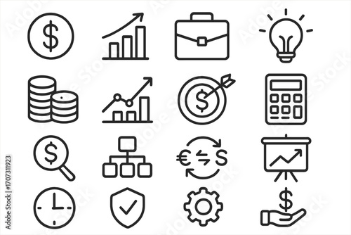 Business and finance line icon set. Vector outline symbols for banking, investment, marketing. Thin line pictograms of money, growth chart, calculator, and strategy icons.