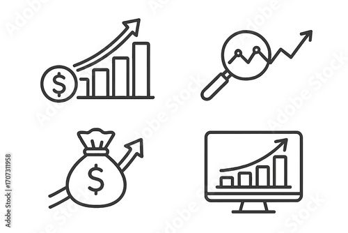Linear business icons for financial growth, profit, and analysis. Vector set of chart, graph, money bag, and analytics symbols. Finance and investment success concept.