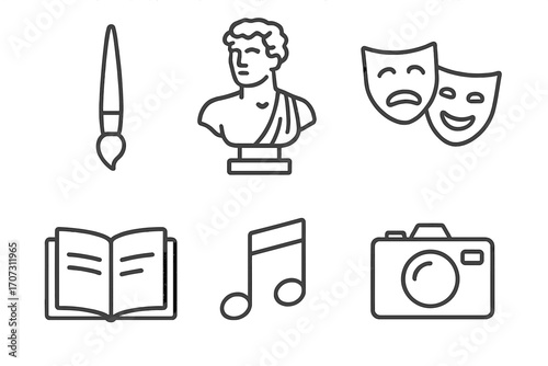 Art and culture linear icon collection. Set of creative hobby and entertainment symbols. Outline vector graphics of brush, sculpture, theater, book, music, photography.