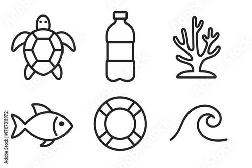 Ocean conservation line icon set. Marine pollution and ecology concept. Vector icons of turtle, plastic bottle, coral, fish, lifebuoy, wave. Sea life protection symbol.