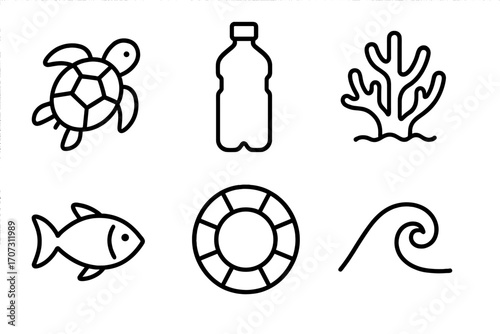 Set of vector line icons for ocean conservation. Turtle, fish, coral reef, and plastic bottle pollution. Marine life protection, ecology, and environment concept symbols.