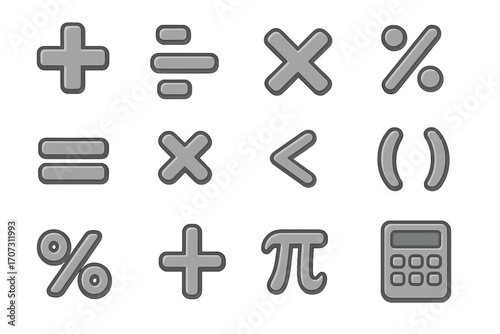 Grayscale mathematical symbols icon set. Vector cartoon illustration of arithmetic and algebra signs like plus, minus, multiply, divide, percent, pi, and a calculator icon.
