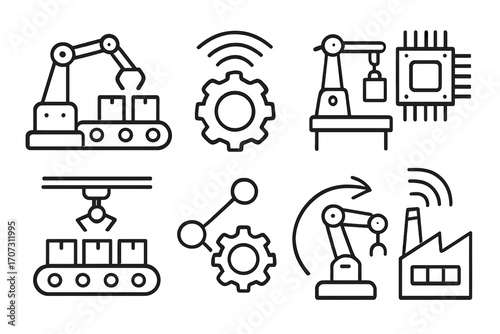 Automation and smart industry line icon set. Vector symbols for robotics, factory production, conveyor belt, and manufacturing technology. Industry 4.0 graphic elements.