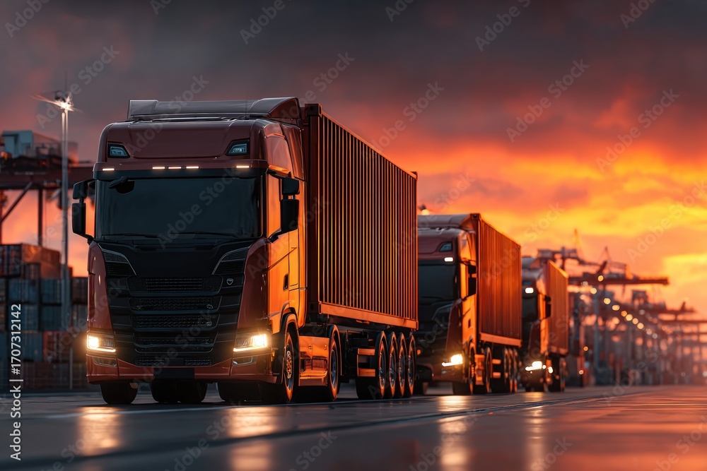 Fototapeta premium Red semi-trucks with cargo containers on a dock at sunset, vibrant orange sky