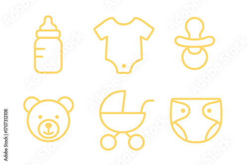 Newborn baby shower minimalist icon collection. Simple yellow line art symbols of childcare essentials. Vector set with bottle, pacifier, diaper, stroller, toy bear, and clothes.