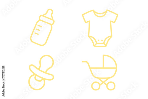 Baby care essentials icon set. Vector line art of newborn items. Minimalist symbols for baby shower design, includes feeding bottle, pacifier, onesie, and stroller.