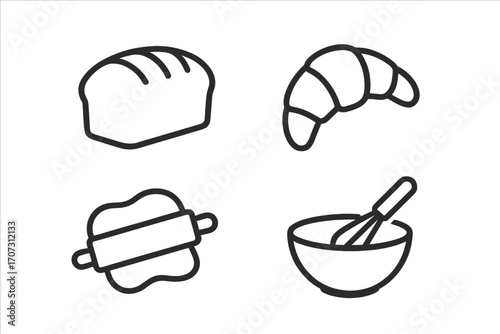 Minimalist bakery icons collection of bread, pastry, baking tools in linear style. Vector cartoon illustration set with croissant, dough, rolling pin, whisk, bowl. Cooking.
