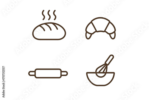 Minimalist bakery icon set with bread, croissant, and baking tools. Vector line art illustration of pastry, rolling pin, and whisk for cooking and food concepts.