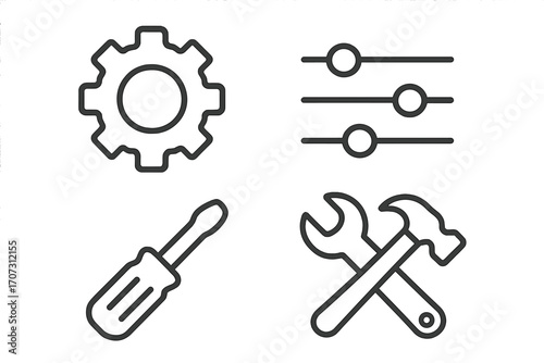 Tools and settings vector line icon set. Gear, cog, sliders, screwdriver, hammer, wrench. Concept for configuration, options, ui, maintenance, repair, service, workshop.