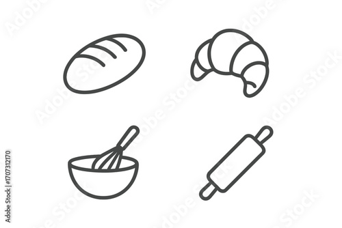 Bakery icon set in thin line style. Bread, croissant, pastry, baking tools. Vector illustration of kitchen equipment. Whisk in bowl, rolling pin. Cooking, food symbols.