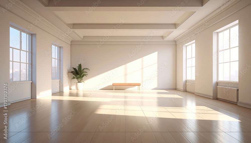 Fototapeta premium A sun-drenched, spacious interior room with high ceilings, classic moldings, and large windows, bathed in natural light, creating a serene and airy atmosphere.