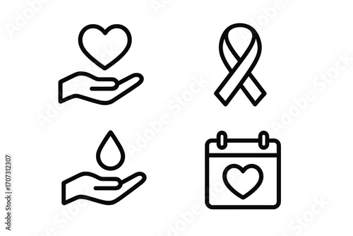 Charity and donation line icons set. Vector symbols for support, love, and help. Includes heart in hand, awareness ribbon, blood drop, and a giving day calendar concept.