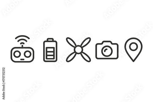 Minimalist drone icon set with remote control, battery, propeller, camera, and GPS location pin. Simple outline pictograms for quadcopter and UAV technology. Vector icons.
