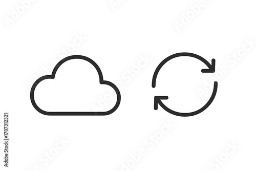 Cloud computing and data synchronization icons. Minimalist outline vector set for backup, online storage, and file transfer. Refresh, update, reload symbols for app and web UI.