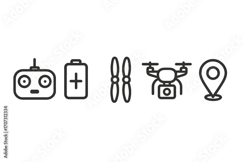 Drone icon set with remote controller, battery, propeller, camera, and location pin. Minimalist line art vector for aerial photography, navigation, and technology.