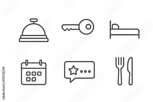 Hotel service linear icons set. Reception bell, room key, bed, calendar booking, dining, and customer review symbols. Minimalist travel and accommodation vector pictograms.
