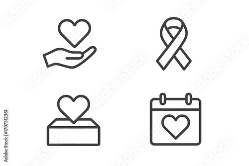 Charity and donation line icon set. Giving and care concept. Vector volunteer, help, and support symbols. Heart in hand, awareness ribbon, donation box, and event calendar.