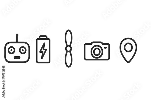 Drone and quadcopter minimalist icon set. Vector line art collection with remote control, battery, propeller, camera, and GPS location pin symbols. Aerial videography signs.