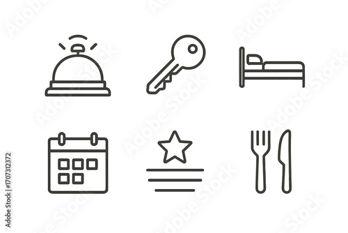 Hotel service icon set for booking and accommodation. Minimalist line art pictograms for hospitality industry. Includes bell, key, bed, calendar, rating and dining symbols.