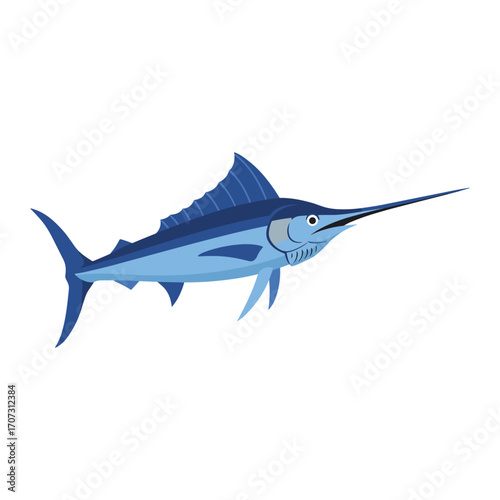 Blue marlin illustration on white background depicting iconic sailfish details – flat illustration