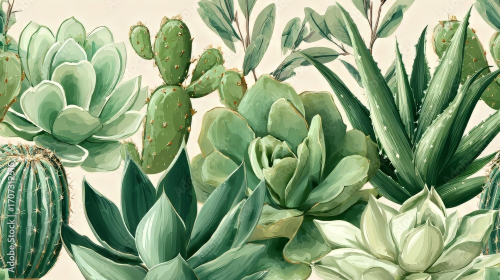 Obraz premium Serene Botanical Illustration: Lush Green Succulents, Cacti, and Aloe Vera in a Painterly Style