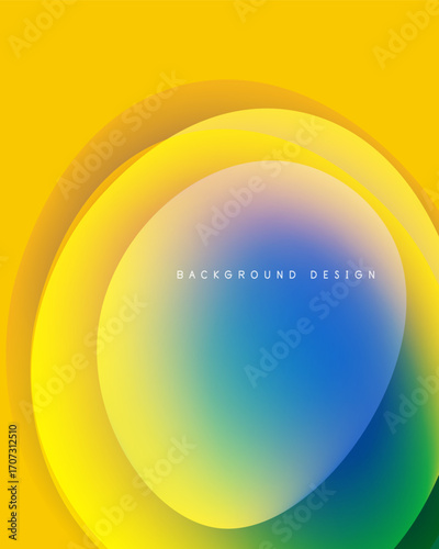 Abstract vibrant layers create circular design. Yellow, blue, green hues blend smoothly. Text reads background design.
