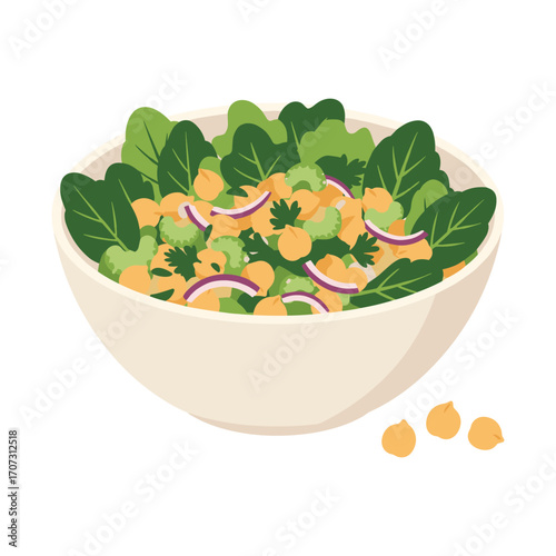 Fresh spinach and chickpea salad with red onion and cilantro in a white bowl – flat illustration