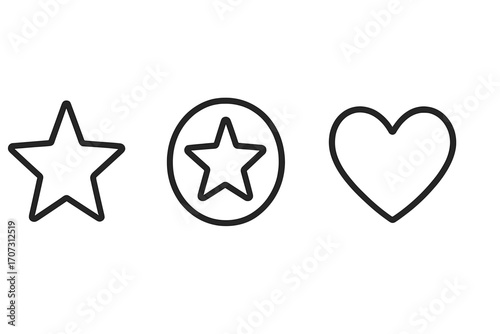 Minimalist black outline icons of stars, favorites, and hearts. Vector cartoon set of simple star shapes and heart design. Transparent background, ordered symbol collection for digital use and design.