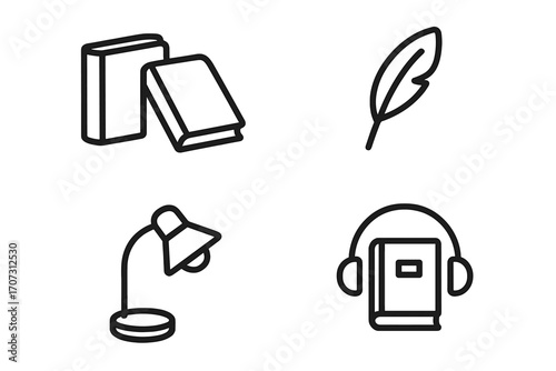 Minimalist library and reading icons set with books, feather quill, desk lamp, and audiobook headphones, vector cartoon illustration, transparent background, ordered collection