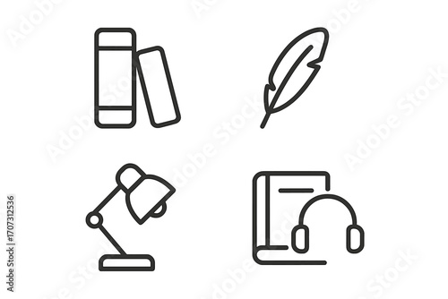 Minimalist library and reading icons set with books, feather pen, desk lamp, and audiobook symbol, vector cartoon illustration with transparent background, education and knowledge concept