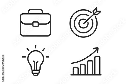 Minimalist business line icons for success and growth, briefcase, target with arrow, light bulb idea, rising bar chart arrow, vector set for professional development and strategy planning