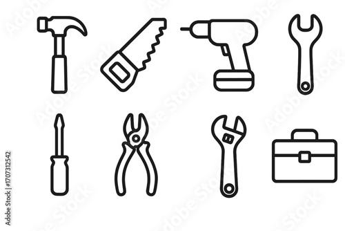 Minimalist line art icons of essential hand tools for home and workshop use, including hammer, saw, drill, screwdriver, pliers, wrenches, and toolbox, vector set