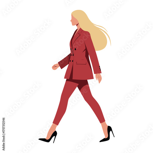 Blonde caucasian female in red suit walking with confidence – flat illustration