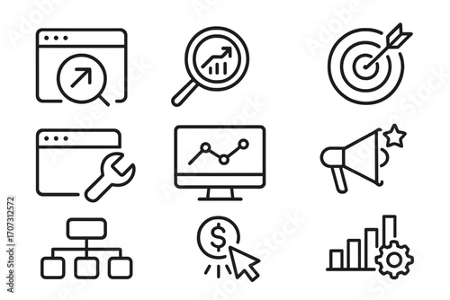 Minimalist line icons for SEO and digital marketing tools, vector cartoon illustration with transparent background, ordered set, growth analysis, target, optimization, and online strategy symbols