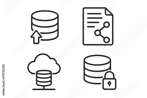 Minimalist linear icons for data management and security, database upload, file sharing, cloud storage, secure data protection, vector cartoon illustration set