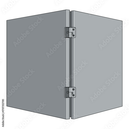 Metallic electrical enclosure with hinged doors and grey finish – flat illustration
