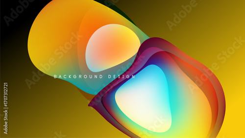 Abstract design features vibrant overlapping shapes. Gradient colors blend, creating dynamic visual effect against dark backdrop. Modern, fluid composition.